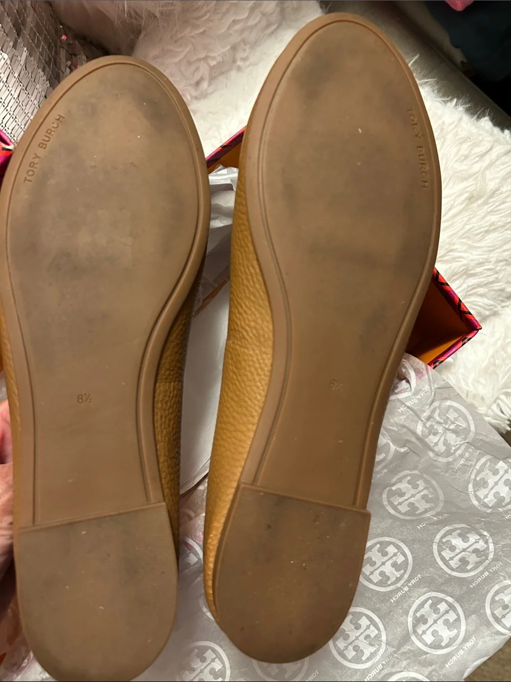 Tory Burch Tan Leather Logo Ballet Flats with Gold Emblem